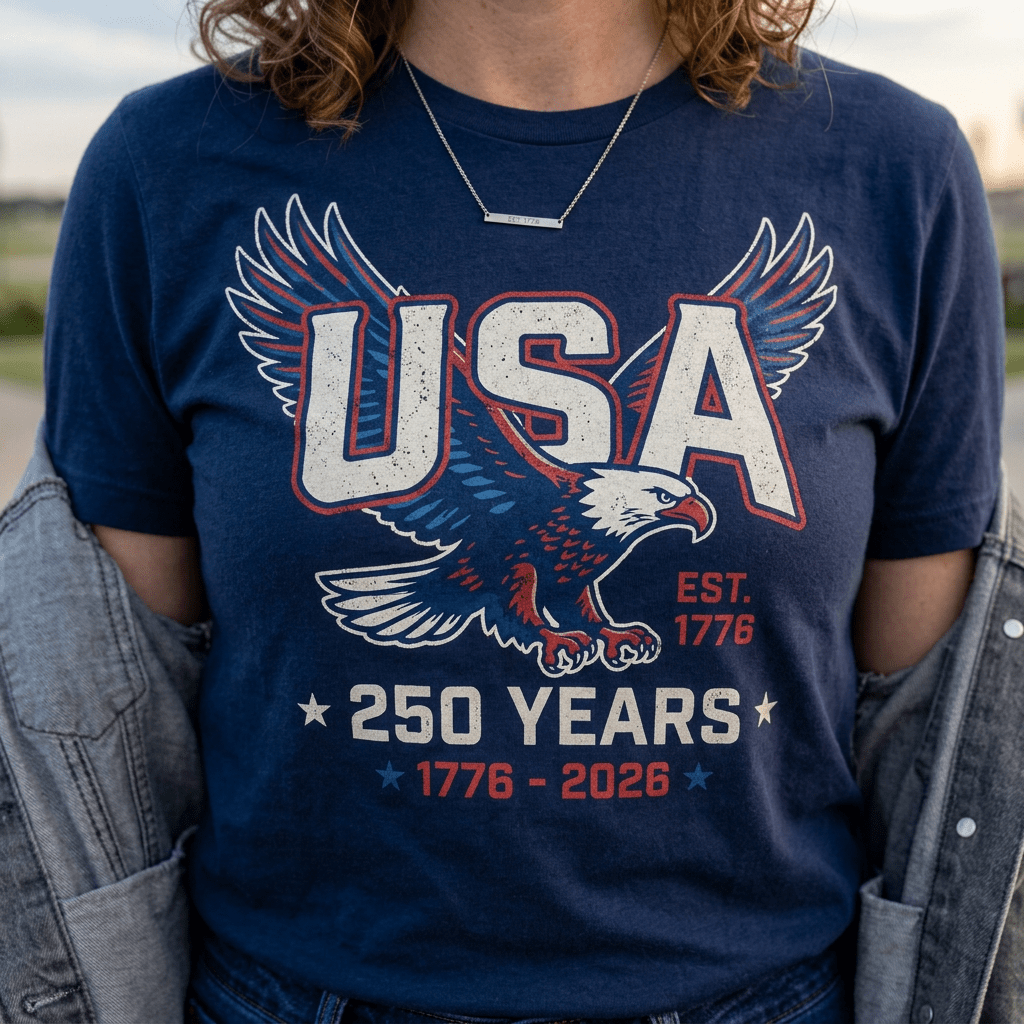 Woman smiling wearing a USA 250 years shirt with jets flying in formation above